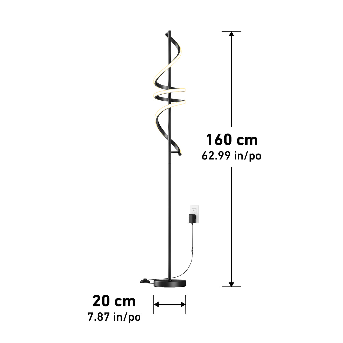 The Artika Coda modern LED floor lamp 5CCT features a spiral design, round base, 160 cm height, and 20 cm diameter. It’s dimmable with an attached power cord and plug for easy setup.