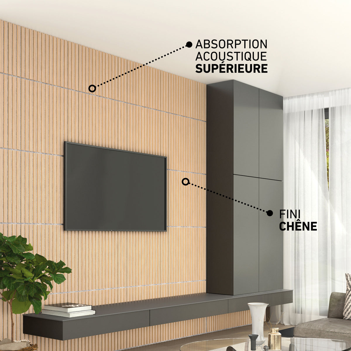 Modern living room with Artika Sonolok 15.5 ft sound-absorbing wall panel kit (4-pack), TV, and gray cabinets in an oak finish.