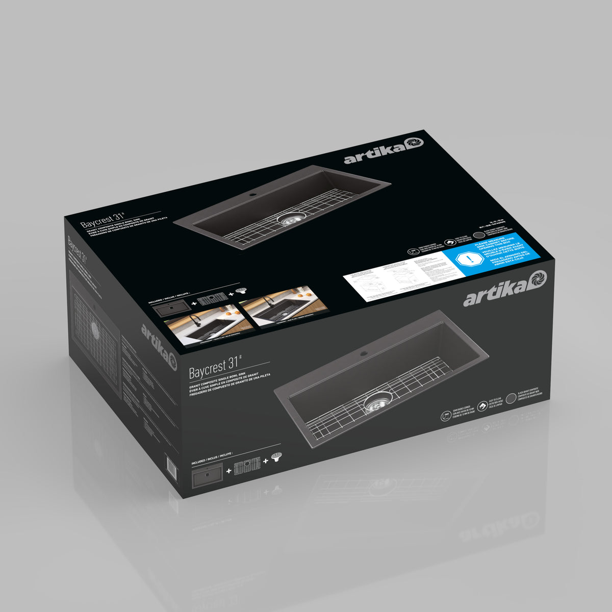 A black box of Artika Baycrest 31 in. Modern Sink with images, specs, and branding on the packaging.
