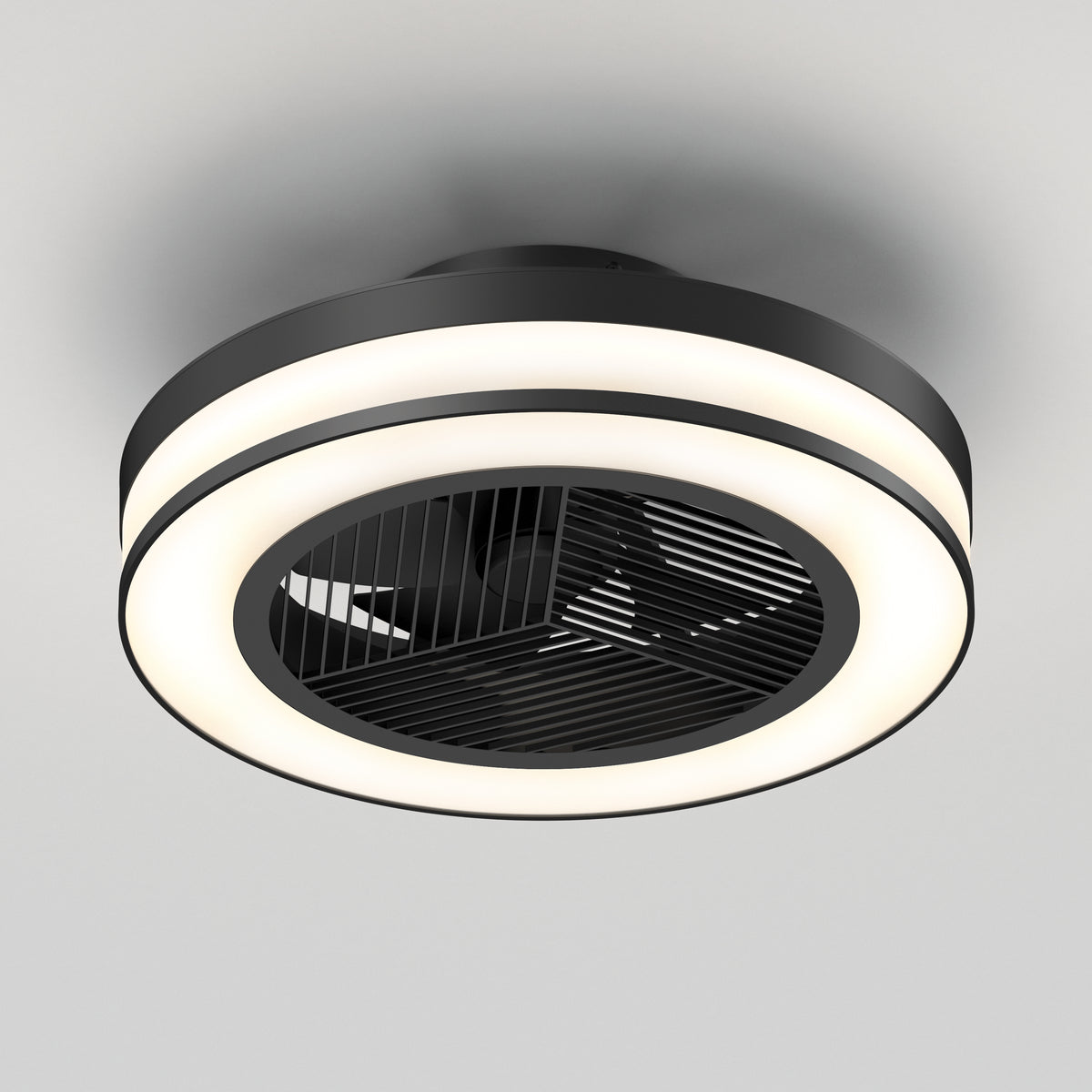 The Artika Elton 19.4 in. LED modern ceiling fan features a circular LED light ring, black grille, and sleek design, includes 3 speeds with remote, and is shown mounted on a white ceiling.