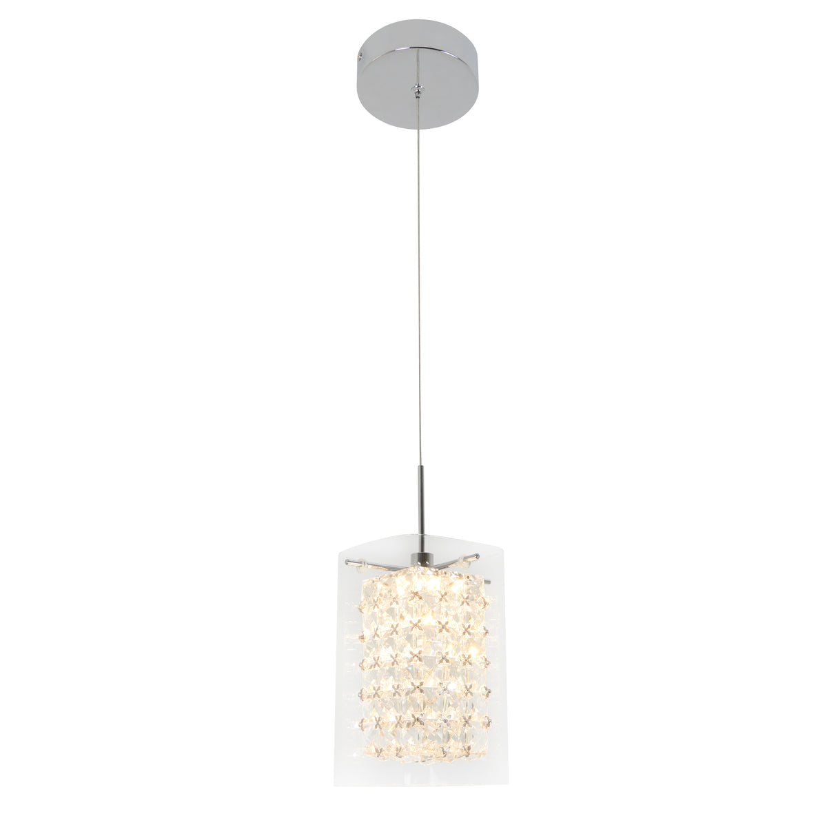 The Artika Crystal Cube 1-light LED pendant light features a modern round chrome ceiling mount, thin cord, and a hanging rectangular shade adorned with rows of clear crystal-like accents.