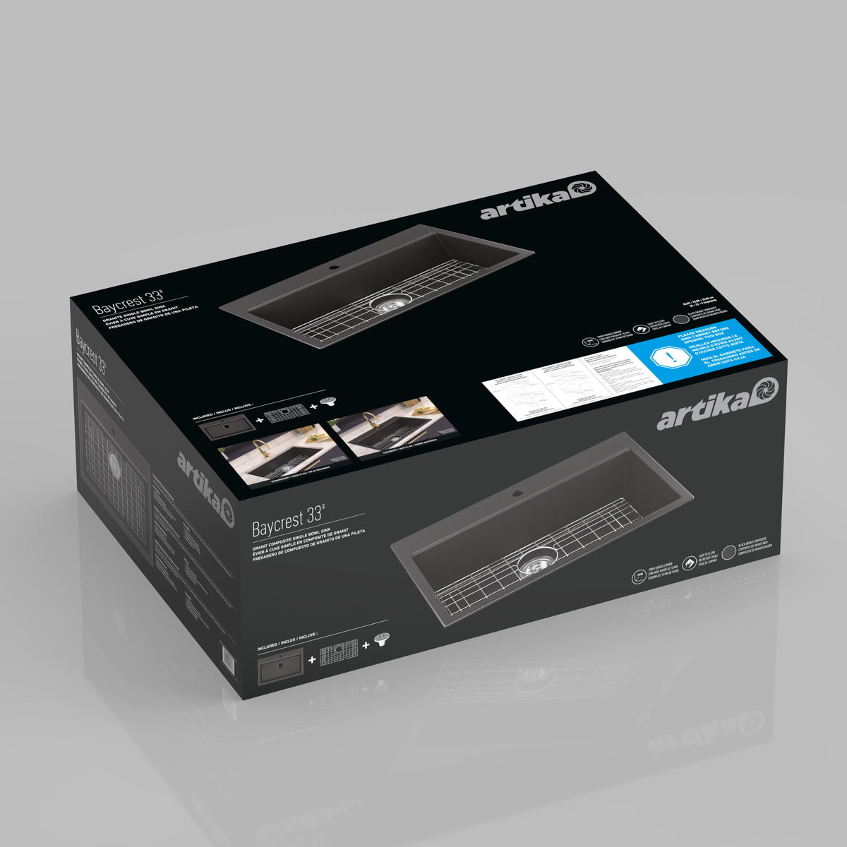 Artika Baycrest 33 in. Single Bowl Kitchen Sink Black—product images and features shown on packaging.