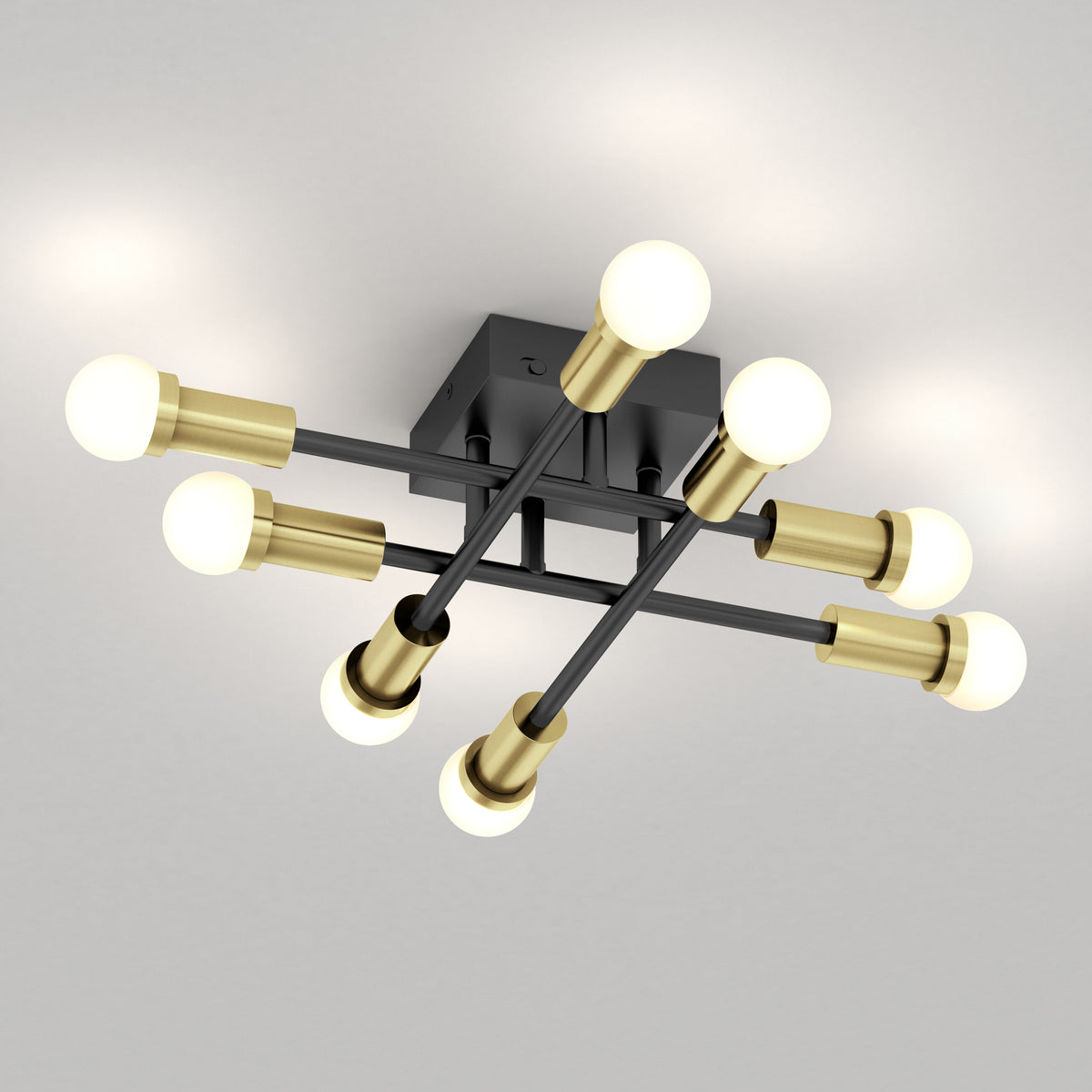 The Artika Aristo LED flush mount features 8 bulbs, gold sockets, black rods, and 3 adjustable color temperatures for versatile lighting.