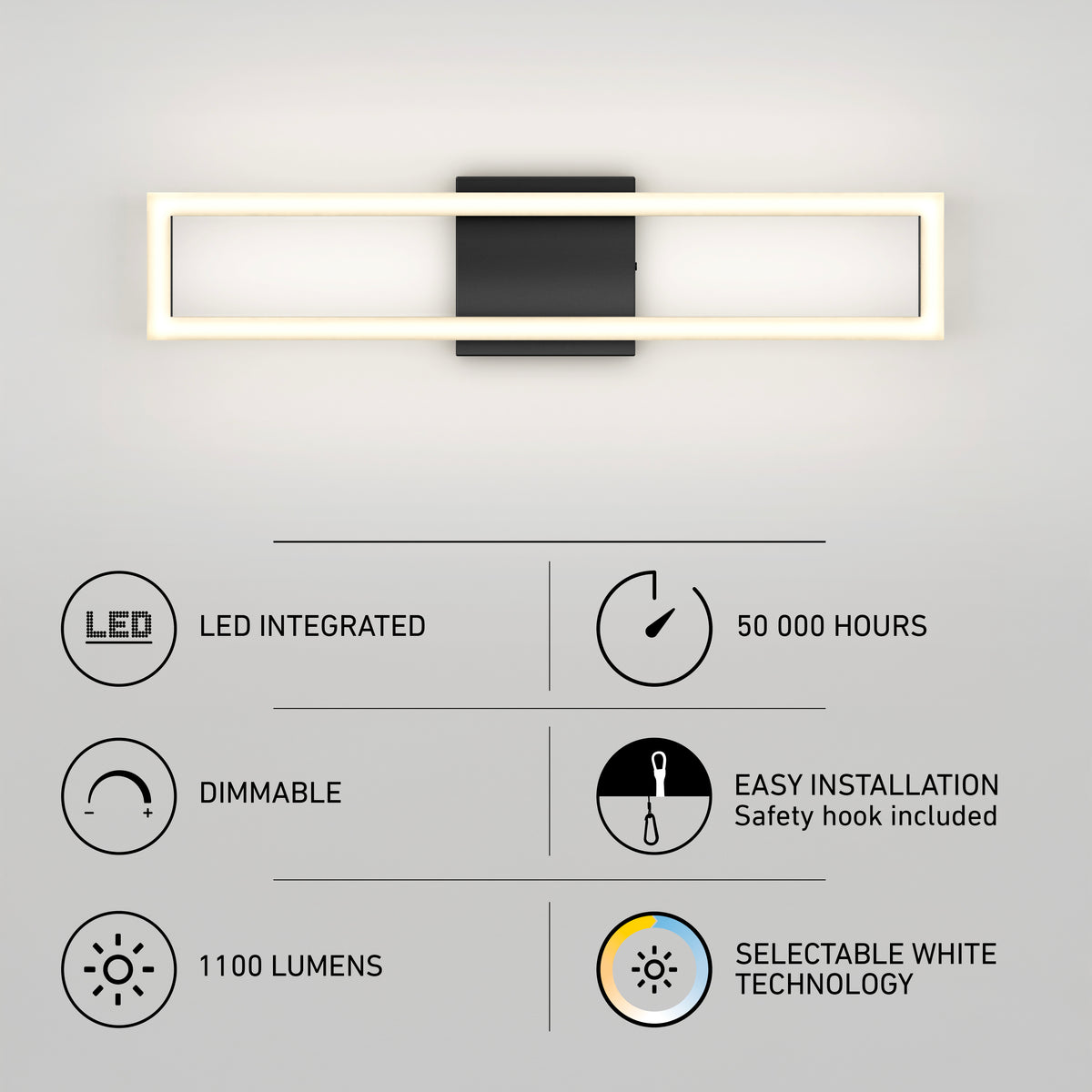 The Artika Dover 27-in Integrated LED Vanity Light Bar features a sleek rectangular design, black base, illuminated frame, selectable white (5-CCT), dimming, easy installation, 50,000-hour lifespan, and 1100 lumens—perfect for modern bathrooms.
