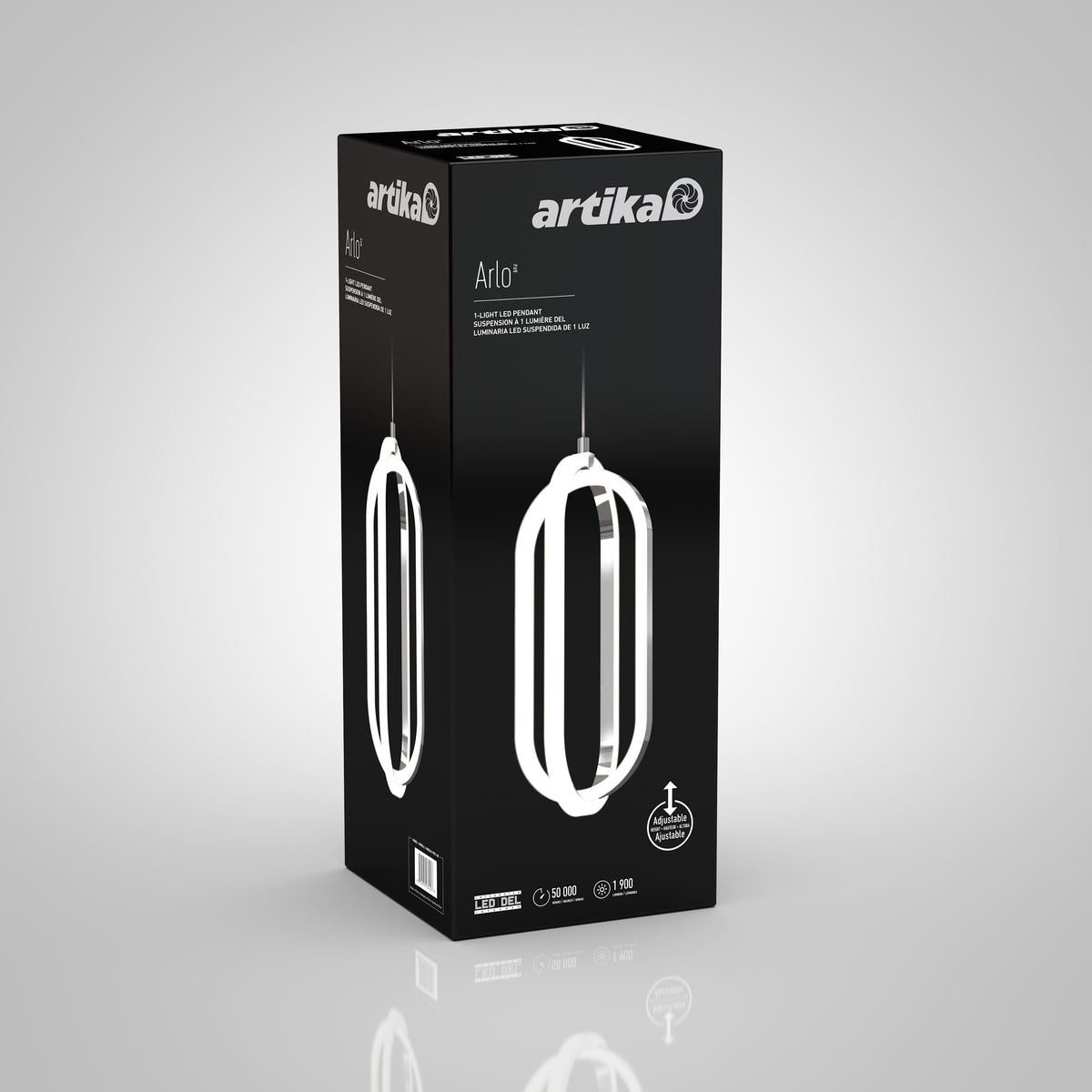 A black box with white accents displays the packaging for the Artika Arlo 1-light LED pendant, showing an image of the modern light and product details in English and French.