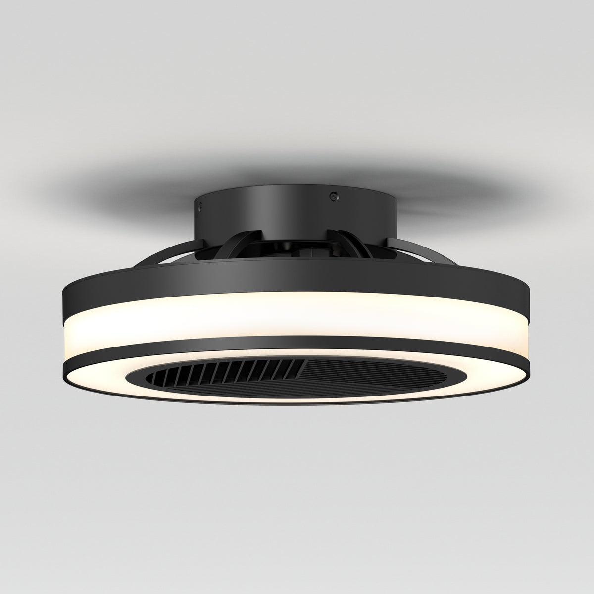 The Artika Elton 19.4 in. LED modern ceiling fan features a sleek black design with a circular integrated light, central vented section, 3 speeds, and comes with a remote control—perfect for minimalist spaces with white ceilings.