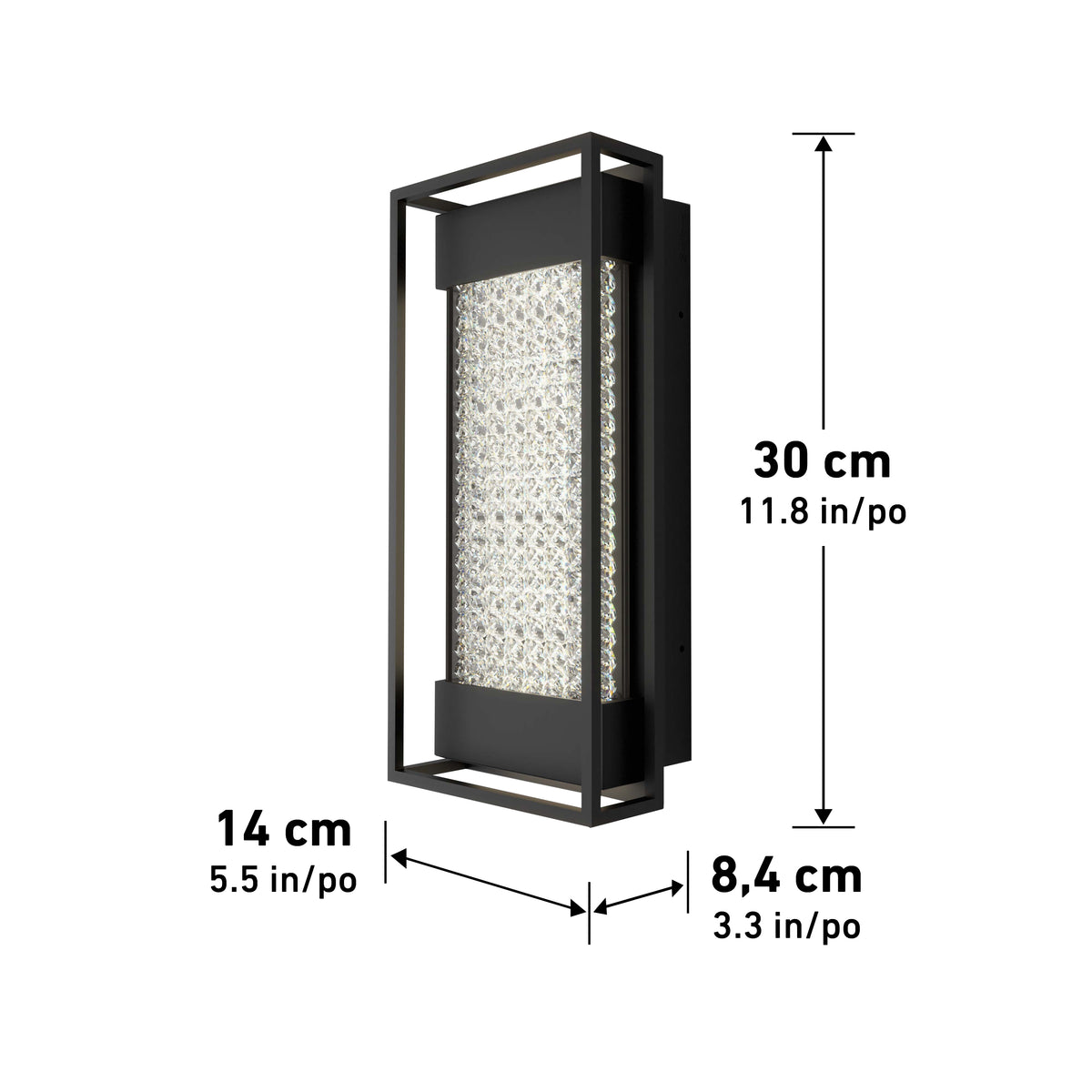 The Artika Glam indoor-outdoor LED wall light features a rectangular black frame with a textured glass center. Dimensions: 30 cm (11.8 in) tall, 14 cm (5.5 in) wide, 8.4 cm (3.3 in) deep; black arrows indicate measurements.
