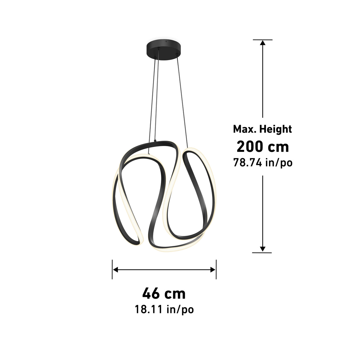 The Artika Vivaldi Big LED pendant light 5 CCT is a modern abstract black fixture suspended by two cables, measuring 46 cm (18.11) wide with a max height of 200 cm (78.74). Measurement arrows are displayed.