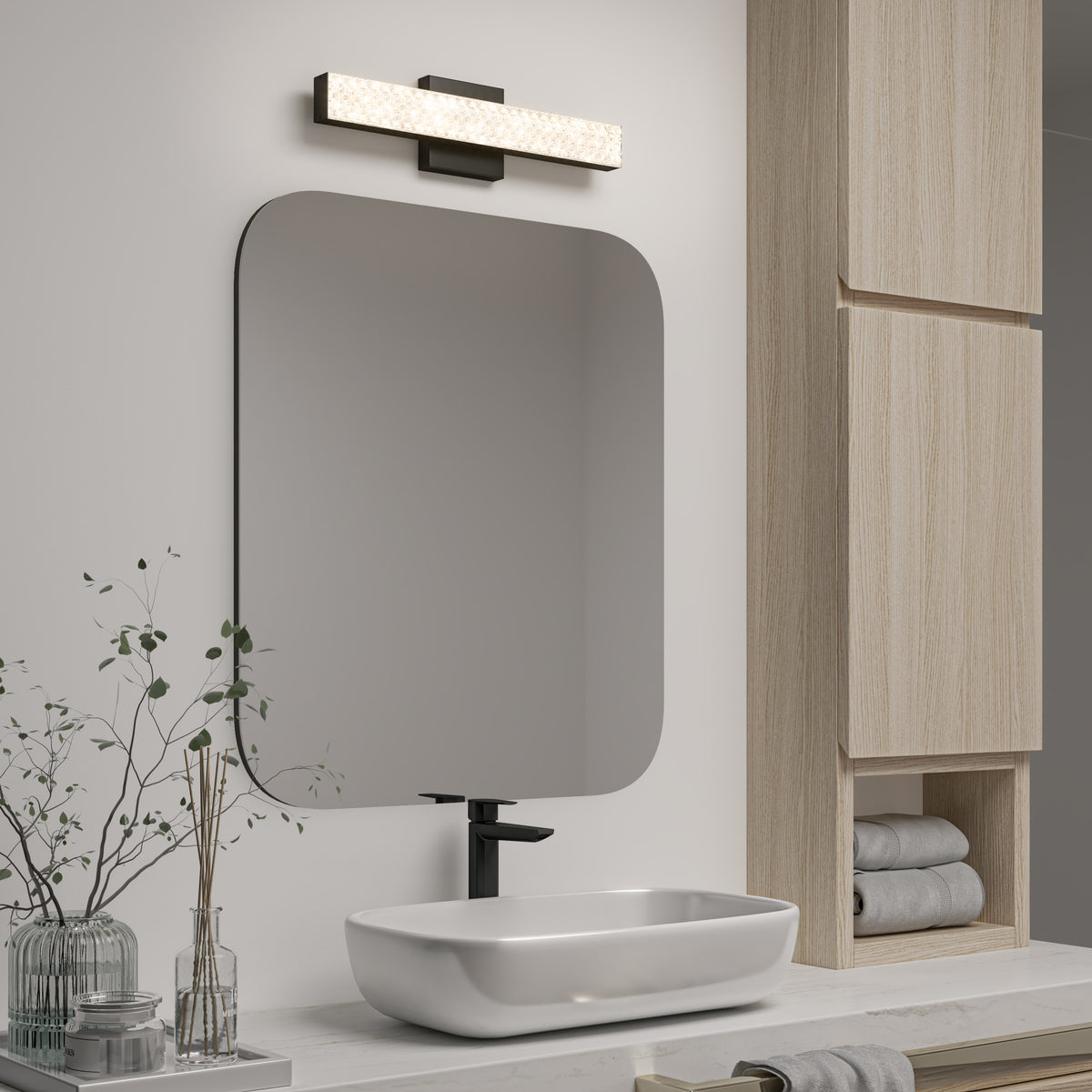 Modern bathroom with a rectangular mirror, vessel sink, wooden shelves, and Artika Adeline 18-in LED vanity light bar.