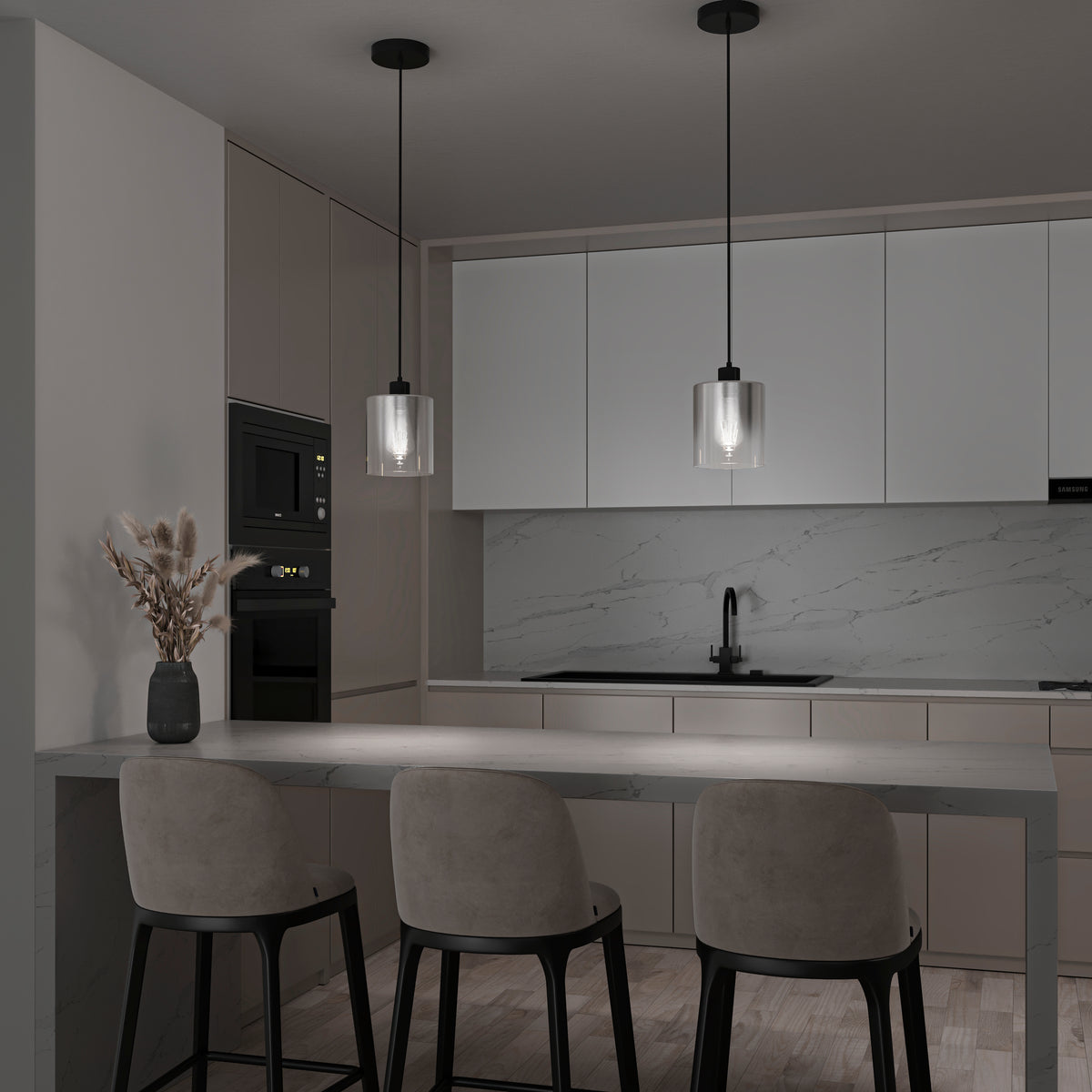 Modern kitchen with minimalist design featuring light gray cabinets, marble backsplash, black sink, built-in oven and microwave, three upholstered bar stools, and two Artika Haze pendant lights above a marble island. Vase with dried flowers on counter.