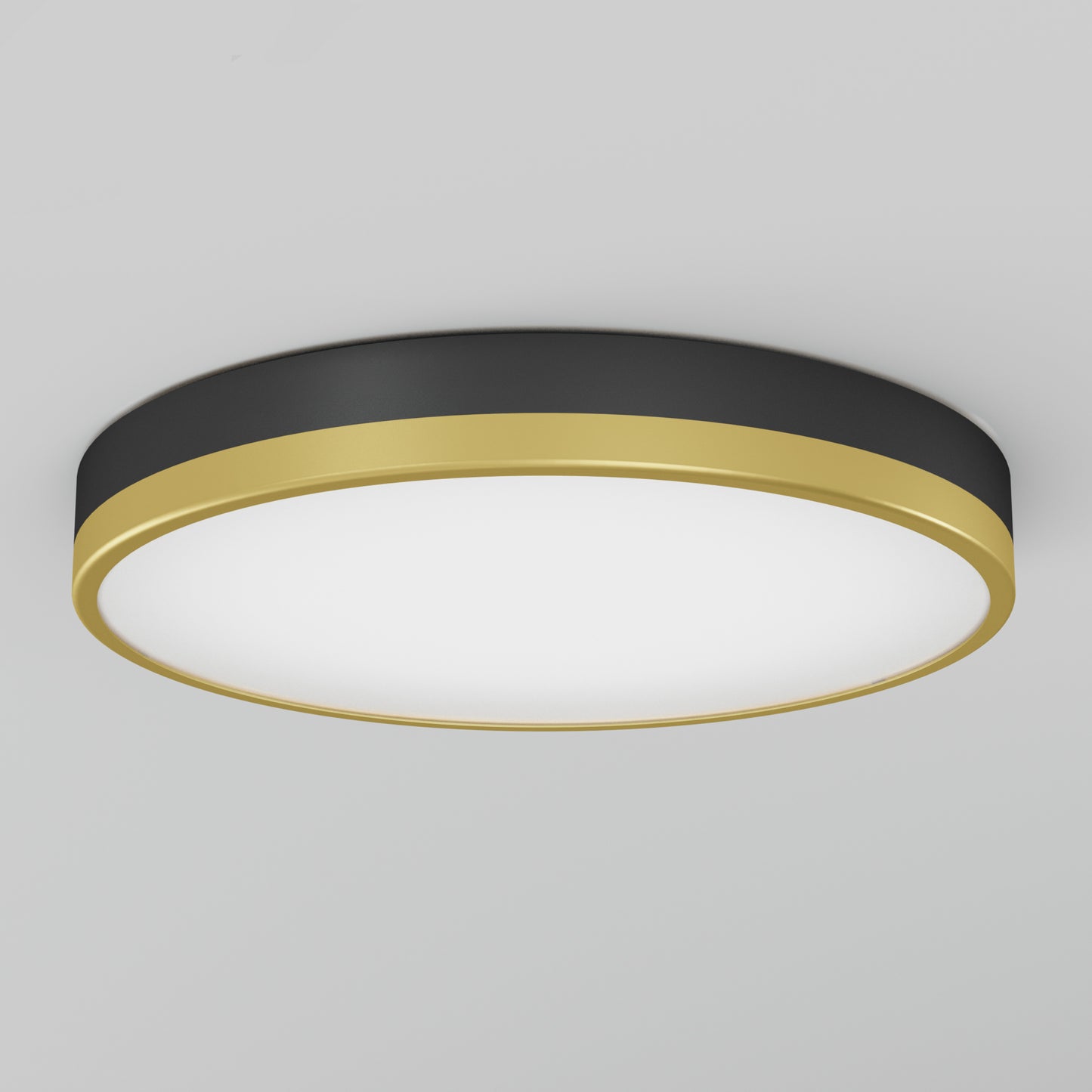 The Artika Kent LED flush mount light features a modern circular design with a black body, gold trim, and a smooth diffused white panel, shown centered against a plain light gray background.