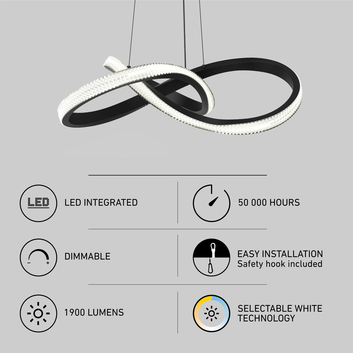 The Artika Morgan LED contemporary pendant light features intertwined loops, 1900 lumens, selectable white (5 CCT), integrated LEDs with 50,000-hour lifespan, dimmable settings, and easy installation.