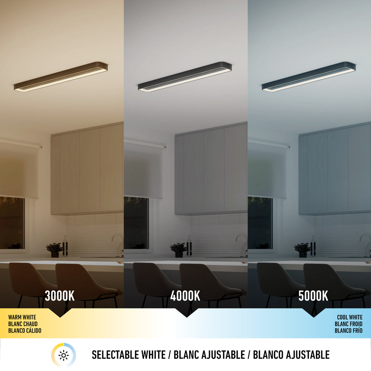 The Artika Aiden 48 in. LED modern flush mount light is shown above a table with two chairs, demonstrating its adjustable 5 CCT feature, including warm white (3000K), neutral white (4000K), and cool white (5000K) color temperatures.