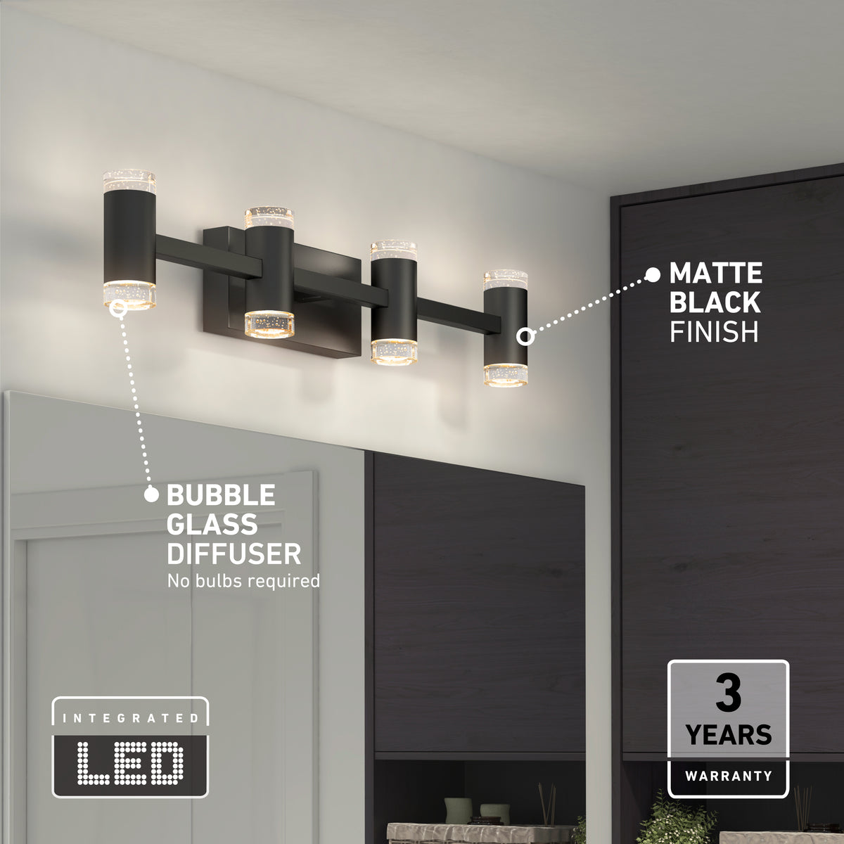 The Artika Mist modern LED bathroom vanity light 5 CCT in matte black, with four bubble glass diffusers, mounts above your mirror and features integrated LEDs, adjustable color temperature, and a 3-year warranty.