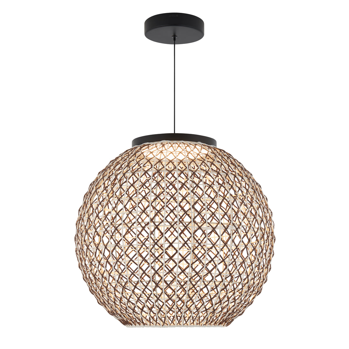 The Artika Benson LED pendant light 5 CCT features a spherical, woven brown lattice shade and a black cord with ceiling mount. Its warm glow shines through the open crisscross design, adding style to any space.