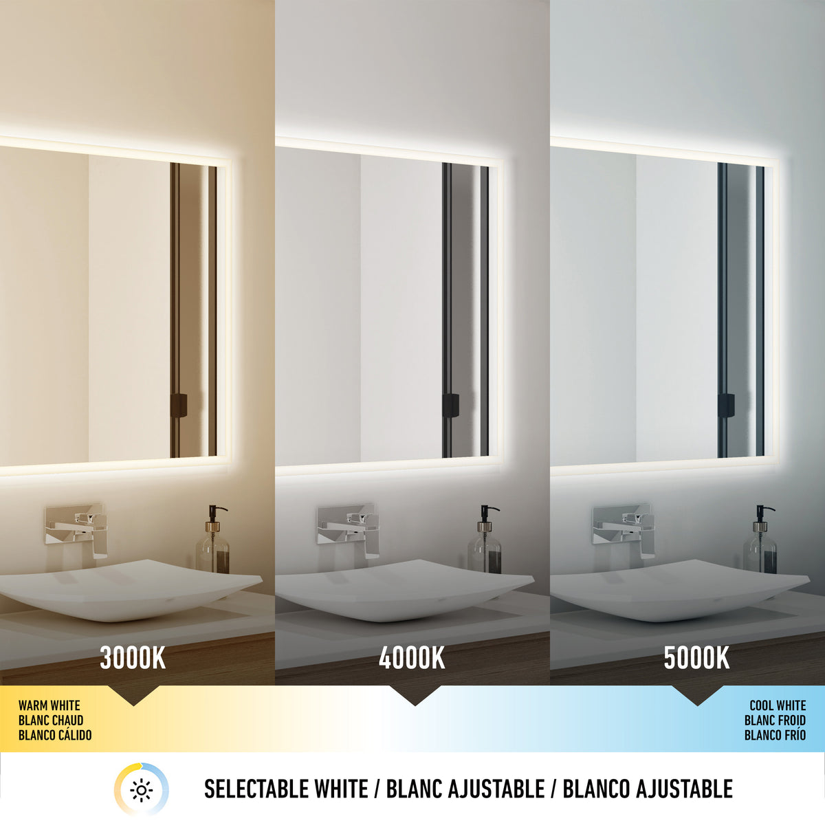 The Artika Mavis 48" x 36" Rectangular LED Mirror with Defogger displays adjustable lighting in three color temperatures—warm white (3000K), neutral white (4000K), and cool white (5000K)—with the mirror and sink unchanged.