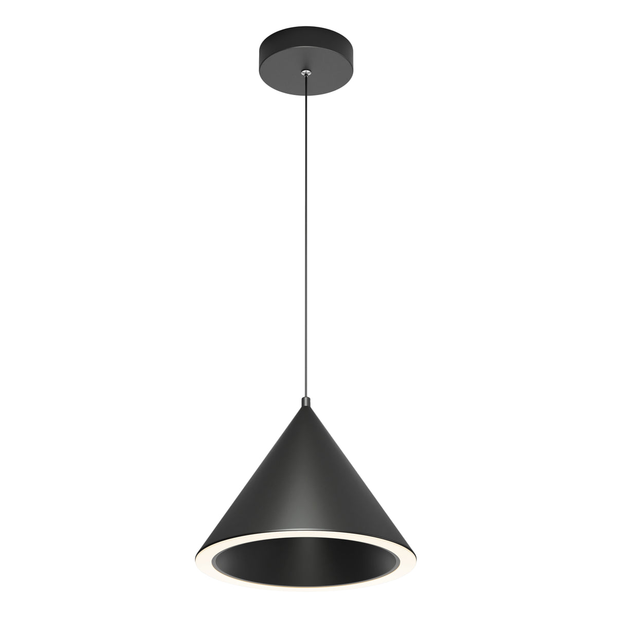 The Artika Denali modern LED pendant light 3 CCT features a sleek black conical shade, suspended by a thin black cord and emitting soft circular white light from its inner edge.