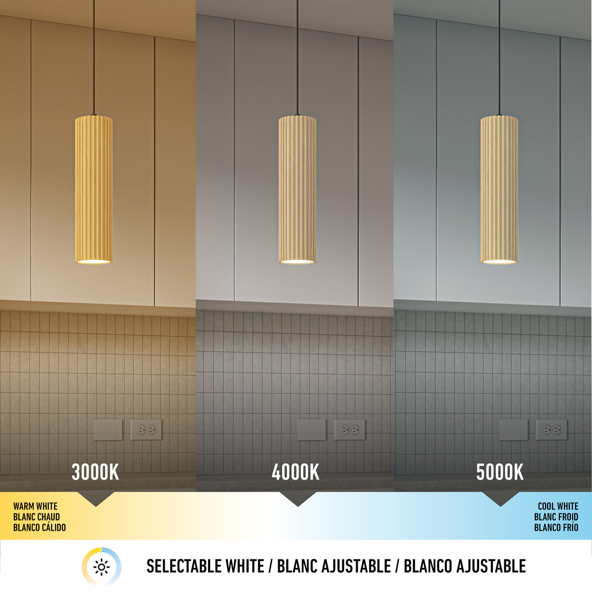 The Artika Groove LED modern pendant light 3 CCT is displayed above a kitchen island, showing its textured wood finish and three color temperatures—3000K, 4000K, and 5000K—each casting a unique ambiance.
