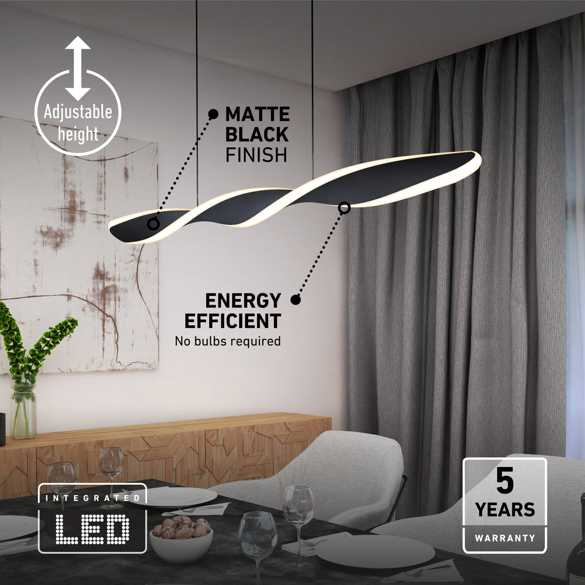 A modern dining room features Artika’s Finley Linear LED pendant light 3 CCT in matte black above a set table. It offers adjustable height, energy efficiency, integrated LED, and a 5-year warranty. Gray curtains and decor complete the look.