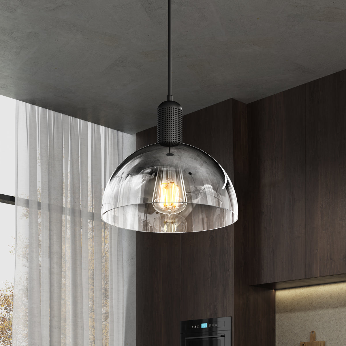 The Artika Nella Pendant without Bulbs features a transparent glass dome shade and hangs in a contemporary room with dark wood walls and sheer curtains, showcasing a modern look with an exposed filament bulb.