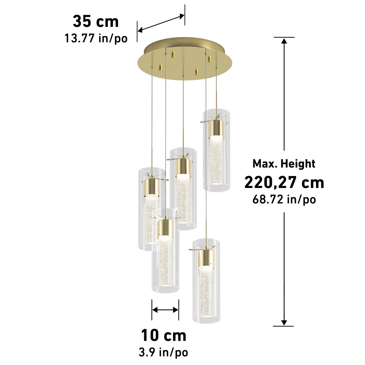 The Artika Essence 5-light LED pendant features five hanging cylindrical glass pendants on a gold circular fixture, 35 cm (13.77 in) wide; each pendant is 10 cm (3.9 in) wide with a max hanging height of 220.27 cm (68.72 in).