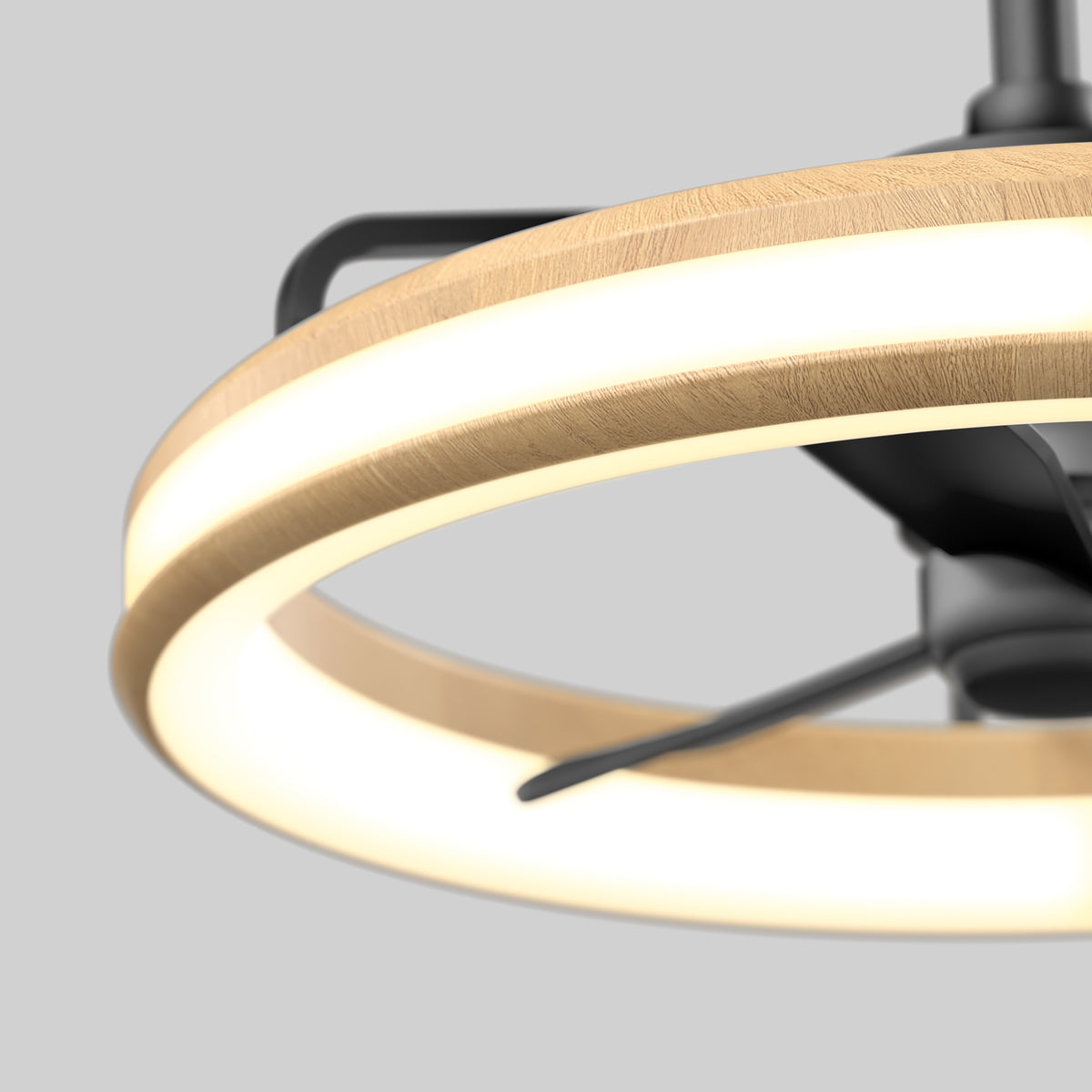 Close-up of the Artika Lugano 23 in. LED modern ceiling fan, featuring a circular wood-finished LED light ring and black metal blades, shown against a plain light gray background. Includes remote control.