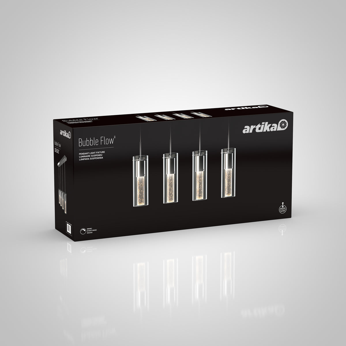 A black Artika box displays the Bubble Flow 4-light pendant with cylindrical glass shades, set against a light grey background.