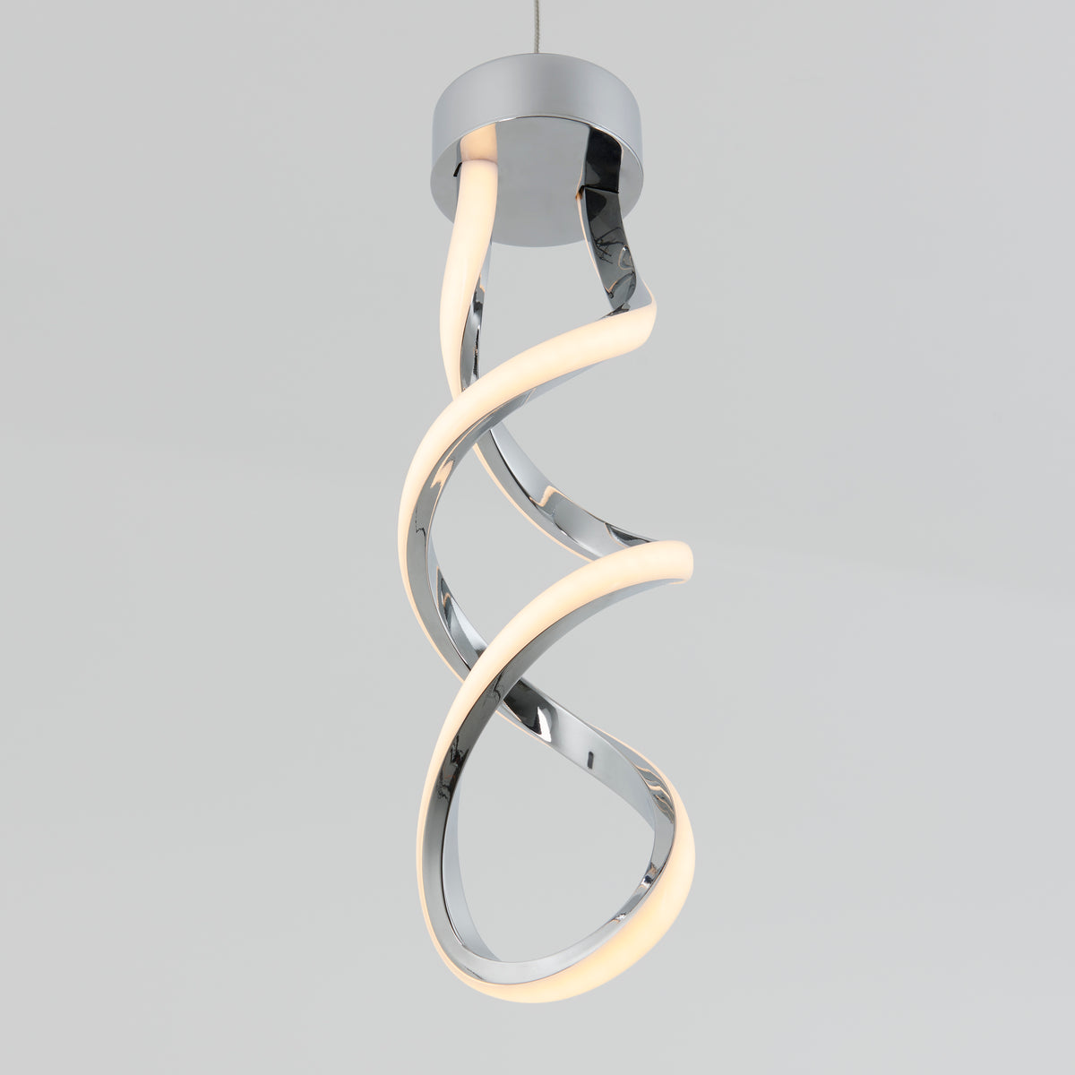 The Artika Mini Swirl LED pendant light features two intertwined chrome and white LED loops, suspended from the ceiling against a plain light gray background.