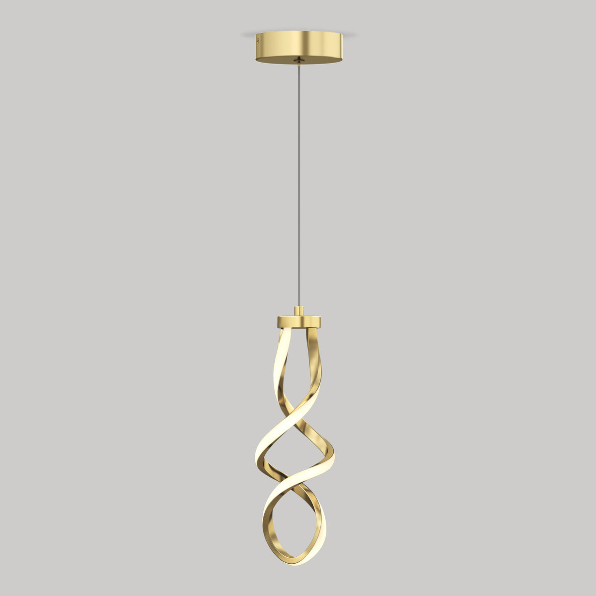 The Artika Mini Swirl LED pendant light features a twisted, ribbon-like gold design suspended from a thin cord and circular ceiling mount, shown against a plain gray background.