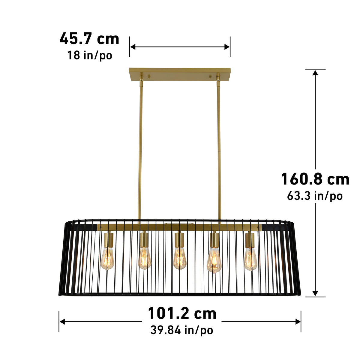 The Artika Gatsby LED pendant light features five exposed bulbs, gold-accented rods, and a black metal cage. Sleek and modern, it measures 45.7 cm high x 101.2 cm wide with a hanging length of 160.8 cm.