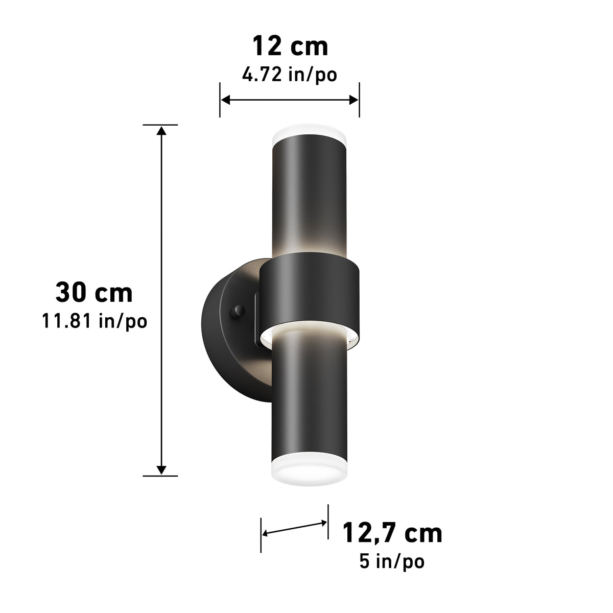 The Artika Dani modern LED indoor-outdoor wall light 5 CCT is a black cylindrical fixture shown with height 30 cm (11.81 in), depth 12.7 cm (5 in), width 12 cm (4.72 in), and is mounted on a round base.