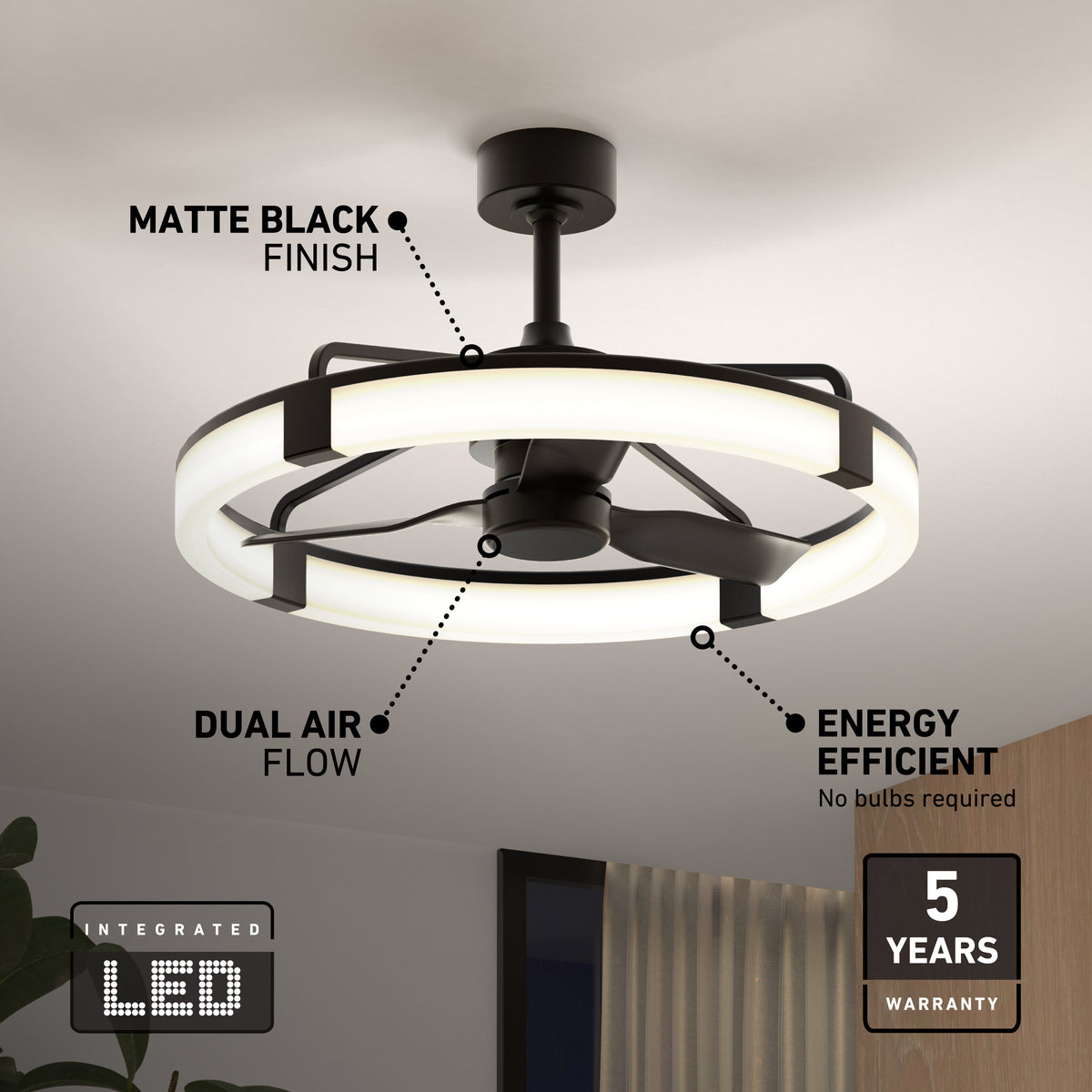 The Artika Sunnyvale 28 in. LED modern ceiling fan features a matte black finish, remote control, dual air flow, energy efficiency (no bulbs needed), a 5-year warranty, and mounts easily on a white ceiling.