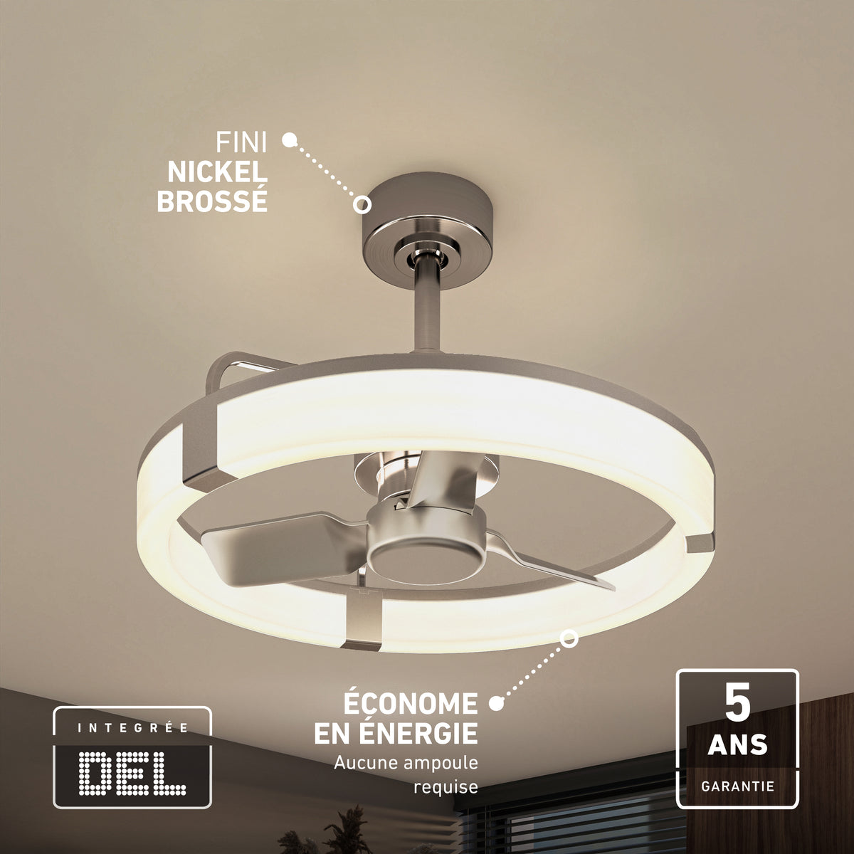 Artika Sunnyvale 23 in. LED modern ceiling fan, brushed nickel, with remote, adjustable lighting & 5-yr warranty; energy efficient.