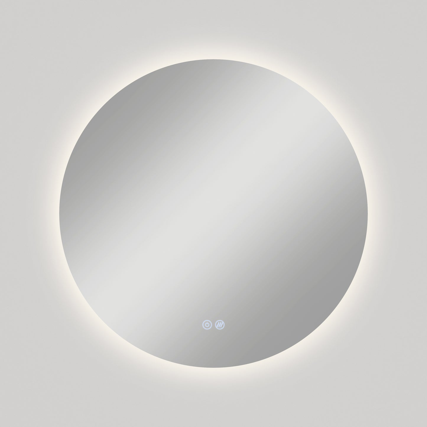 The Artika Raya 24 in. LED mirror features a modern round design, 3 CCT lighting with a glowing edge, built-in defogger, and two touch controls at the bottom center, shown mounted on a plain light-colored wall.