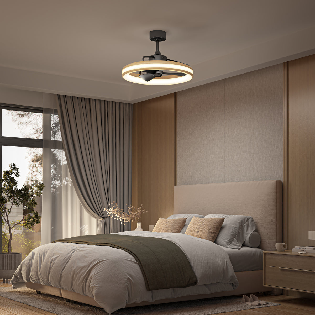 A minimalist modern bedroom features a large bed with neutral bedding, wooden accents, bedside tables, curtains, and a window with tree views. Soft light comes from the Artika Lugano 23 in. LED ceiling fan with remote.