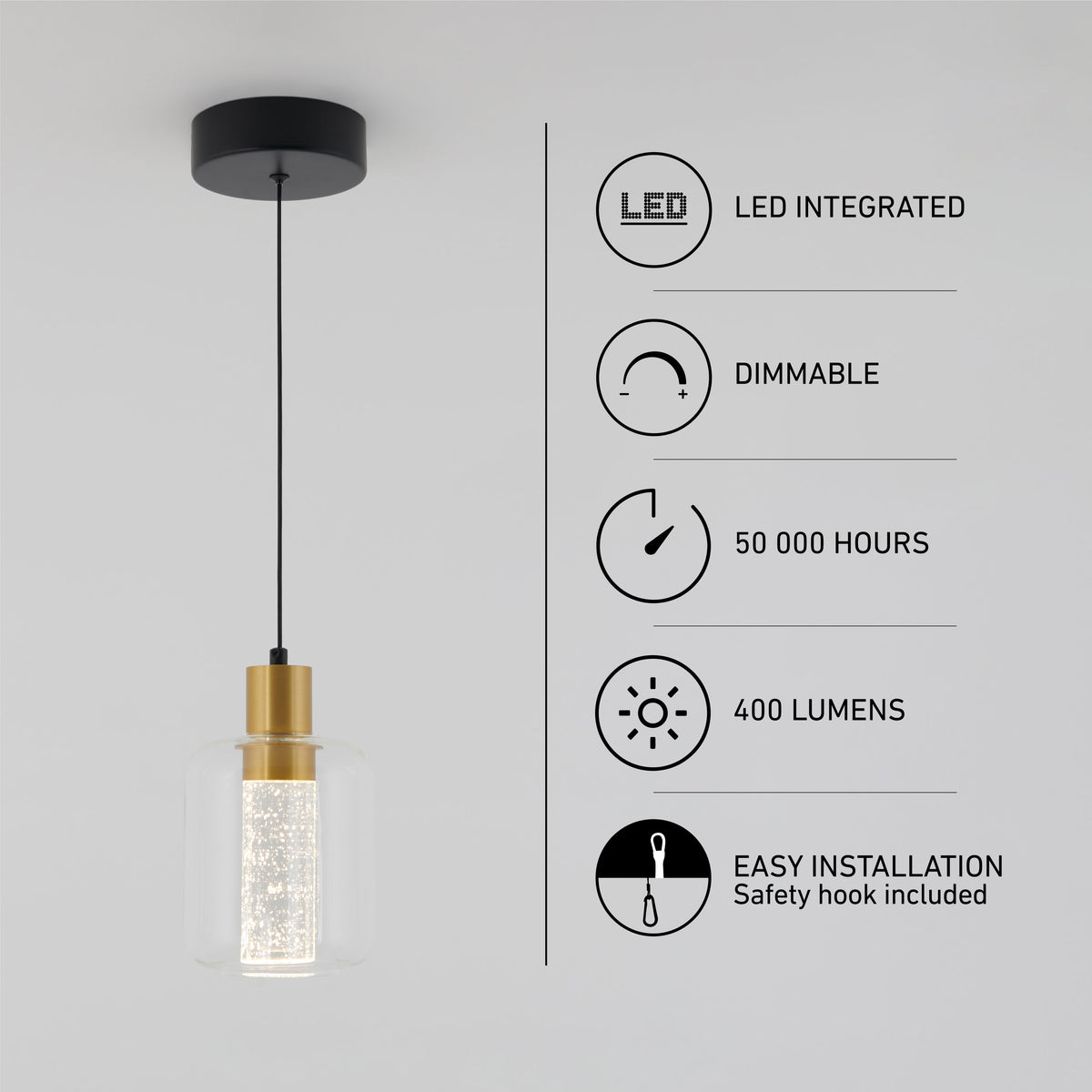 The Champagne Globe modern LED pendant light by Artika hangs from the ceiling with a clear glass shade and gold accent. Icons show its LED integration, dimmable feature, 50,000-hour lifespan, 400 lumens output, and easy installation.