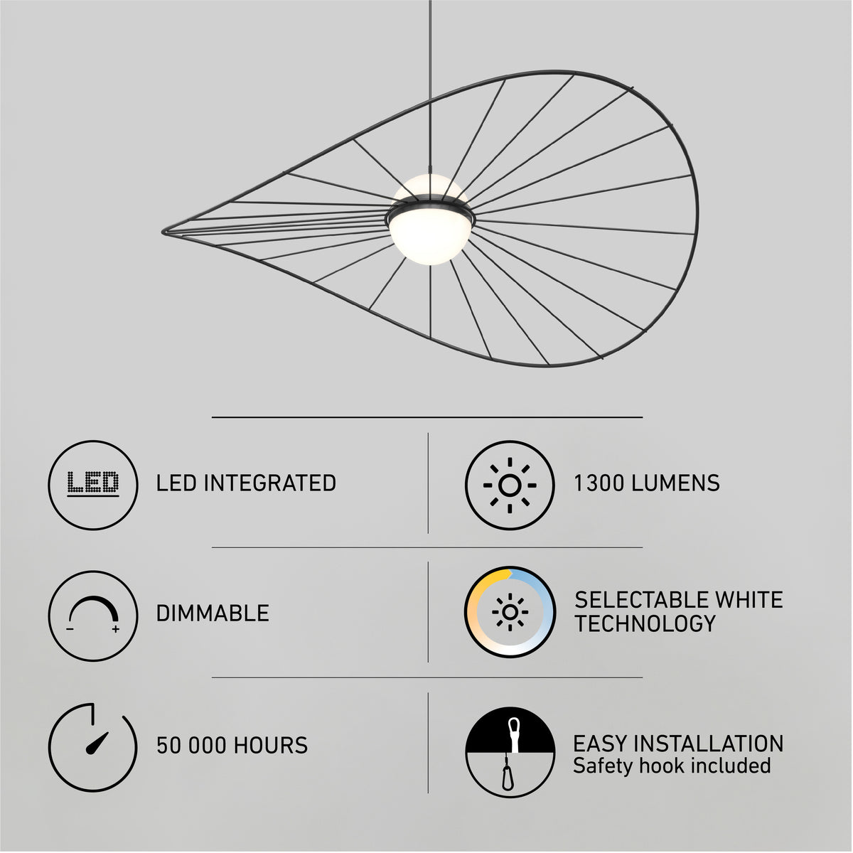 The Artika Tolena LED pendant light features a wireframe design, integrated LED with 1300 lumens, 3 CCT selectable white technology, dimmable function, 50,000-hour lifespan, and easy installation with safety hook.