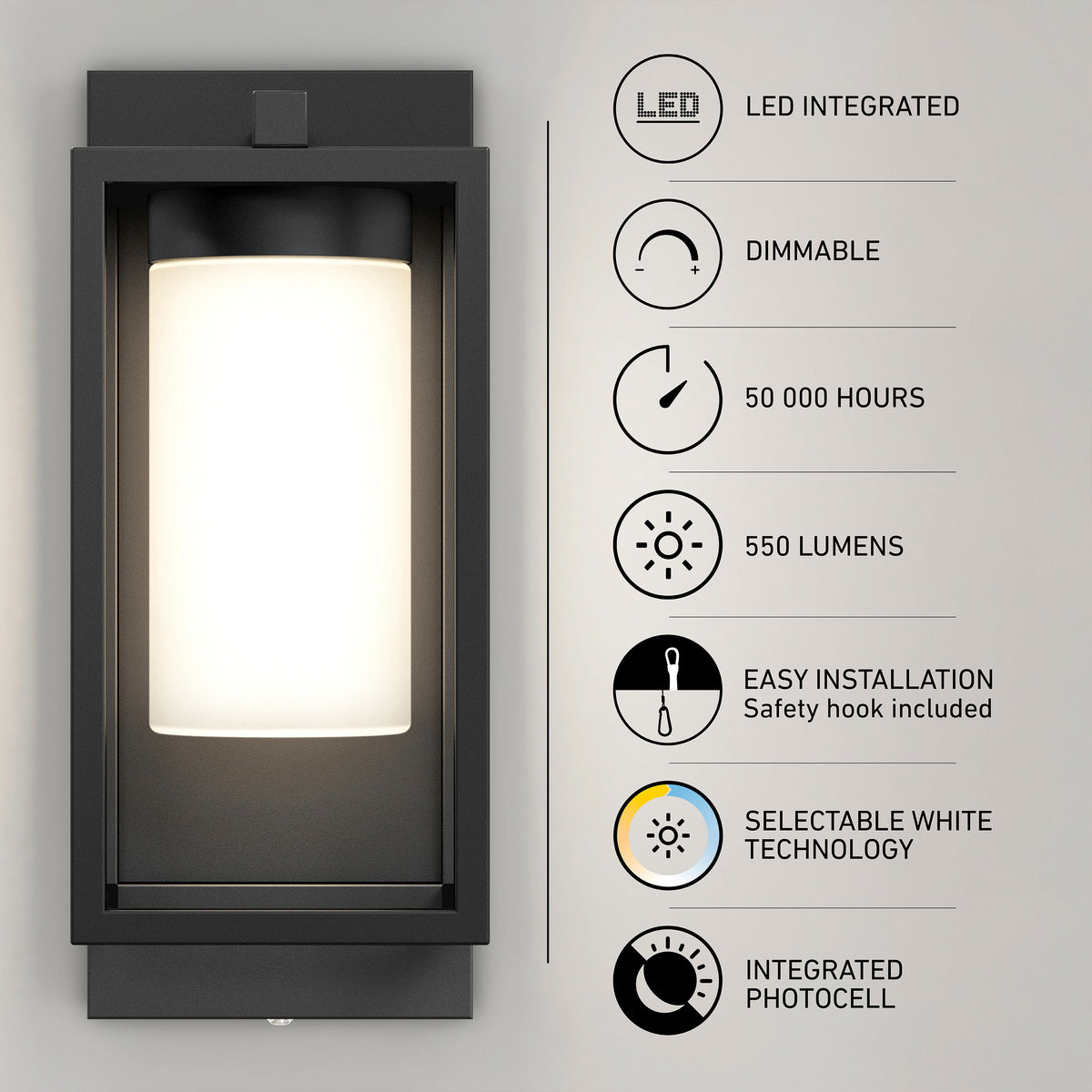 Artika Aurel Outdoor LED Light, 3CCT selectable white, 550 lumens, dimmable, photocell, 50K hours, easy install.