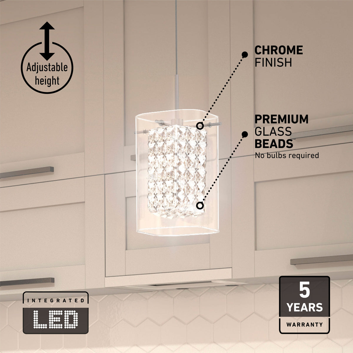The Artika Crystal Cube 1-light LED pendant features a chrome finish and premium glass beads, perfect for modern kitchens. Enjoy adjustable height, built-in LED—no bulbs needed—and a 5-year warranty. Icons showcase product benefits.