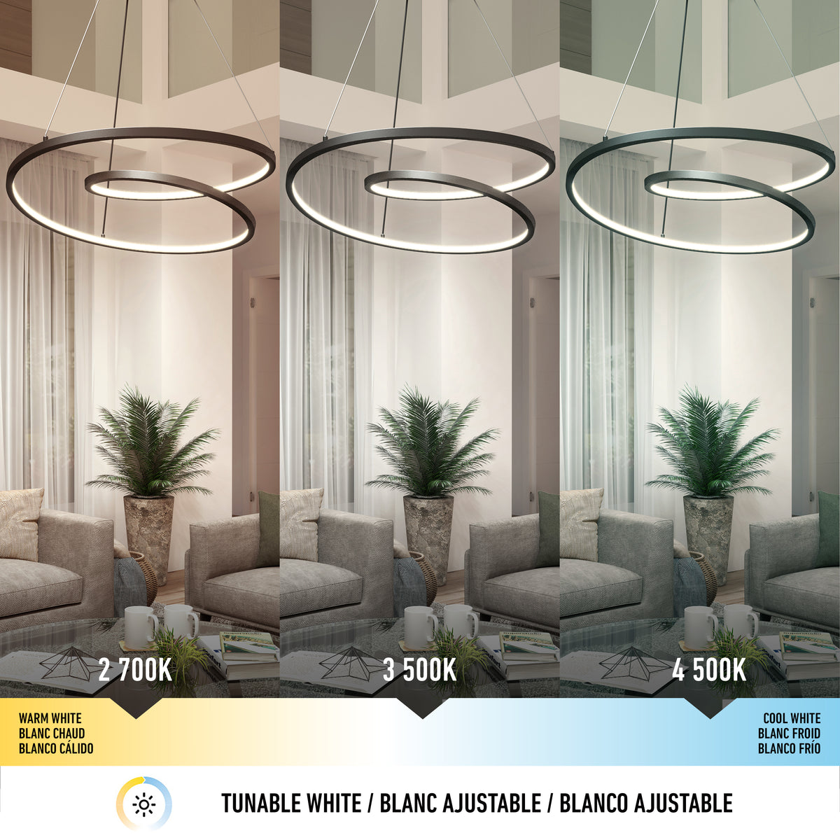 Three modern living rooms each display the Artika Salto LED pendant light at different color temperatures—warm white (2700K), neutral white (3500K), and cool white (4500K)—with labeled descriptions below each setting.