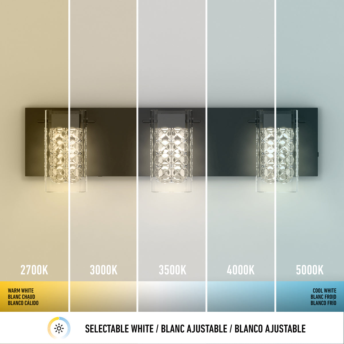 The Artika Crystal Cube LED bathroom vanity light 5 CCT displays five color temperatures: 2700K (warm white), 3000K, 3500K, 4000K, and 5000K (cool white), offering lighting from yellowish to bluish-white.
