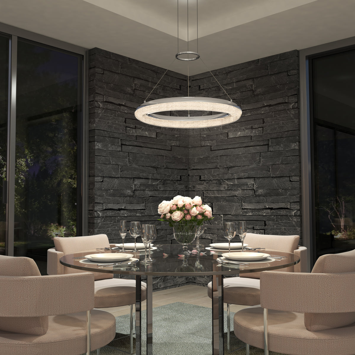 A modern dining room features a round glass table with four beige chairs, pink roses in a vase, elegant table settings, and the Artika Famous Optical LED pendant light 5 CCT. Dark stone walls and large windows complete the scene.