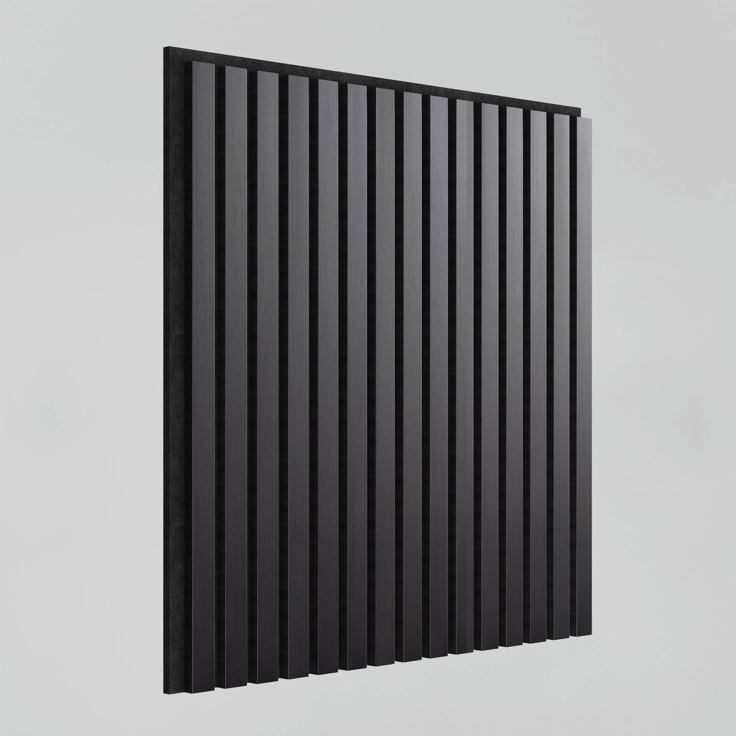 The Artika Sonolok 15.5 ft sound-absorbing wall panel kit features black rectangular panels with evenly spaced vertical slats, mounted on a light gray wall.
