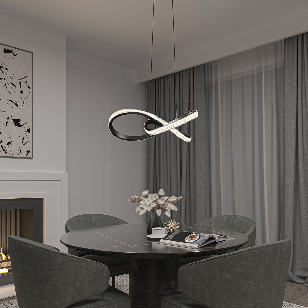 A modern dining area with a round black table, four dark green chairs, and the Morgan LED contemporary pendant light by Artika. The space features gray curtains, abstract wall art, a fireplace, and a table styled with magazines and decor.