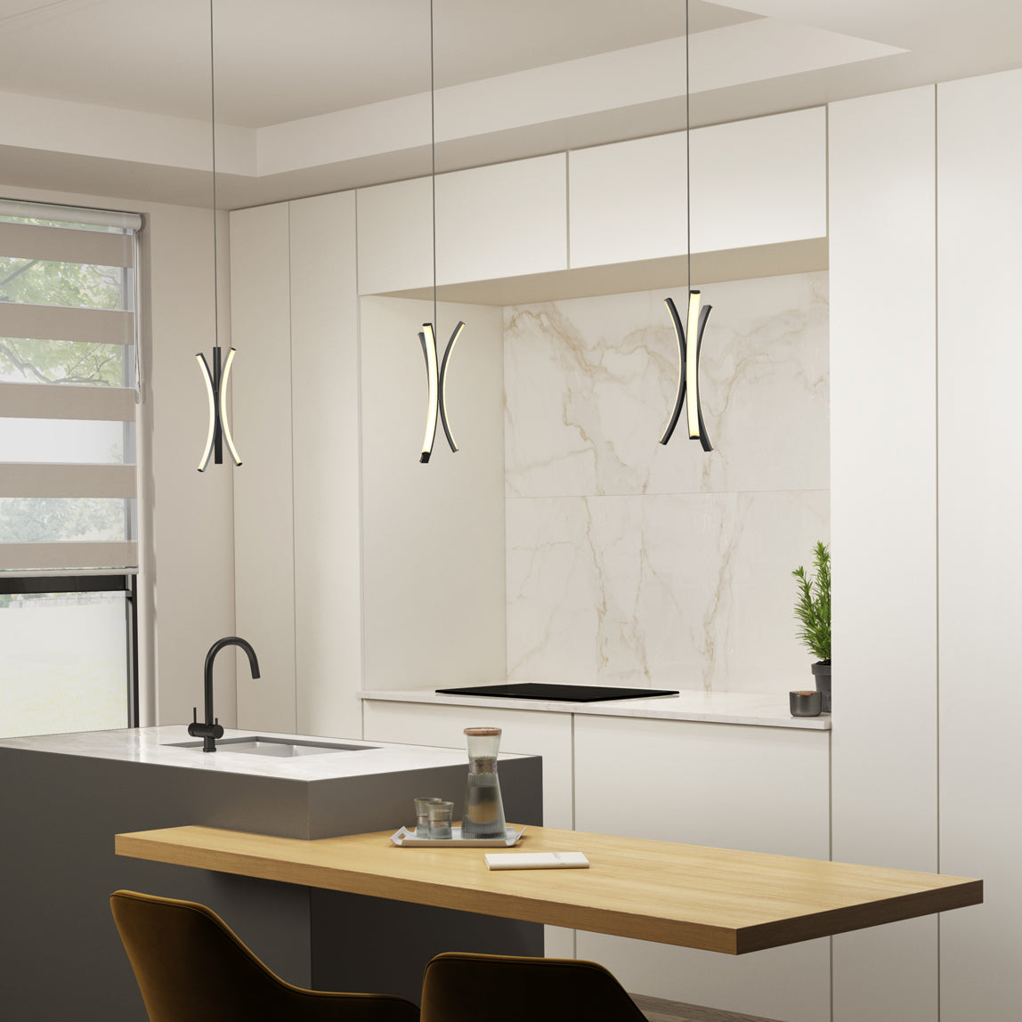 A modern kitchen featuring white cabinets, marble backsplash, a small potted plant, an island with a black faucet, a wooden dining table set with glassware, and Artika's Corben Pendant LED light 5CCT Black.