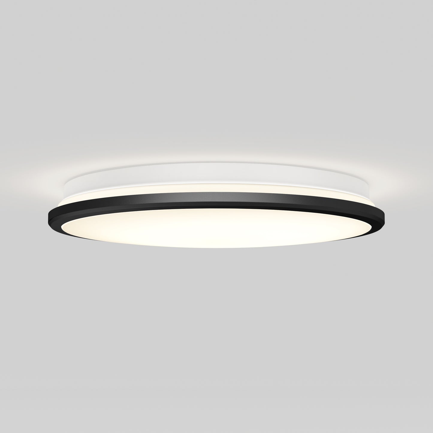 The Artika Vera 13 in. LED modern flush mount light features a round design with a white diffuser and black trim, installed on a white ceiling to provide a soft, even glow.
