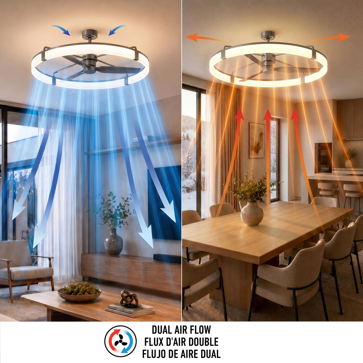 Artika Sunnyvale 52″ LED ceiling fan above a dining table shows cool and warm air dual-flow options with remote control.