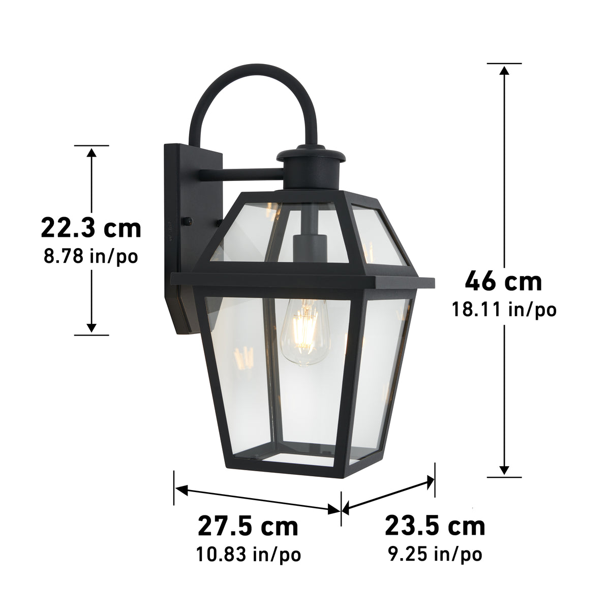 The Artika Colonial outdoor lantern wall light features clear glass panels and measures 46 cm (18.11 in) high, 27.5 cm (10.83 in) deep, 23.5 cm (9.25 in) wide, with a backplate height of 22.3 cm (8.78 in).