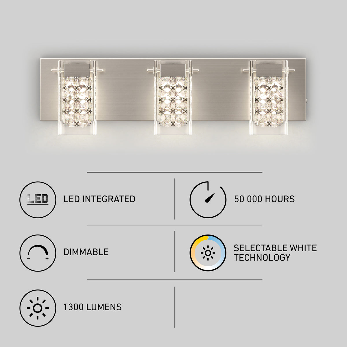 The Artika Crystal Cube LED bathroom vanity light 5 CCT, a modern fixture with crystal accents, features integrated LEDs, selectable white technology, 1,300 lumens brightness, dimming capability, and a 50,000-hour lifespan.