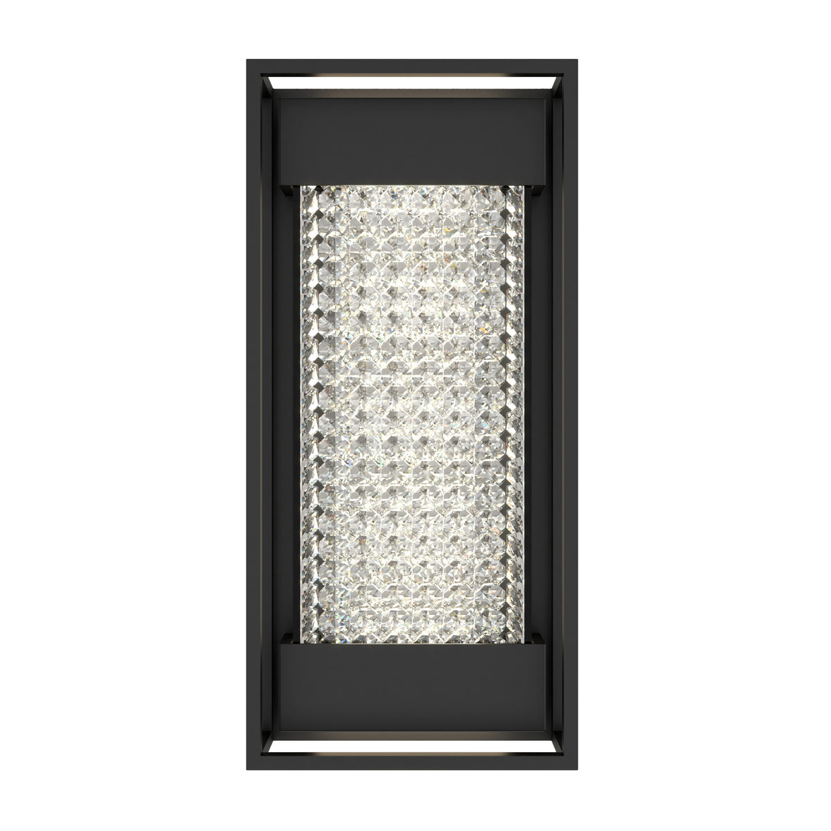 The Artika Glam indoor-outdoor LED wall light features a rectangular black frame and a central panel adorned with rows of sparkling faceted crystals, creating a modern, elegant look for any space.